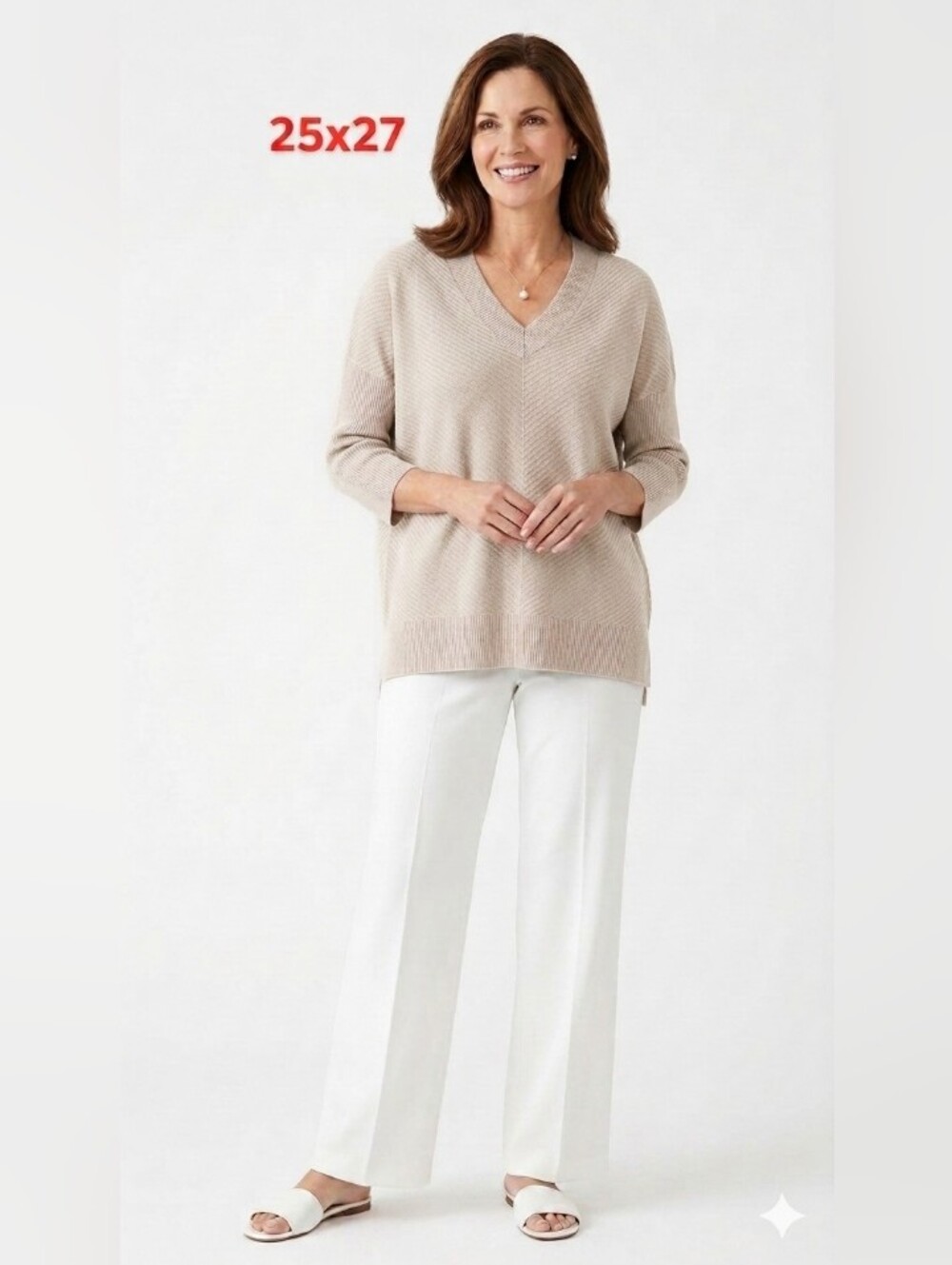 Medium V-Neck Knit Sweater in Beige